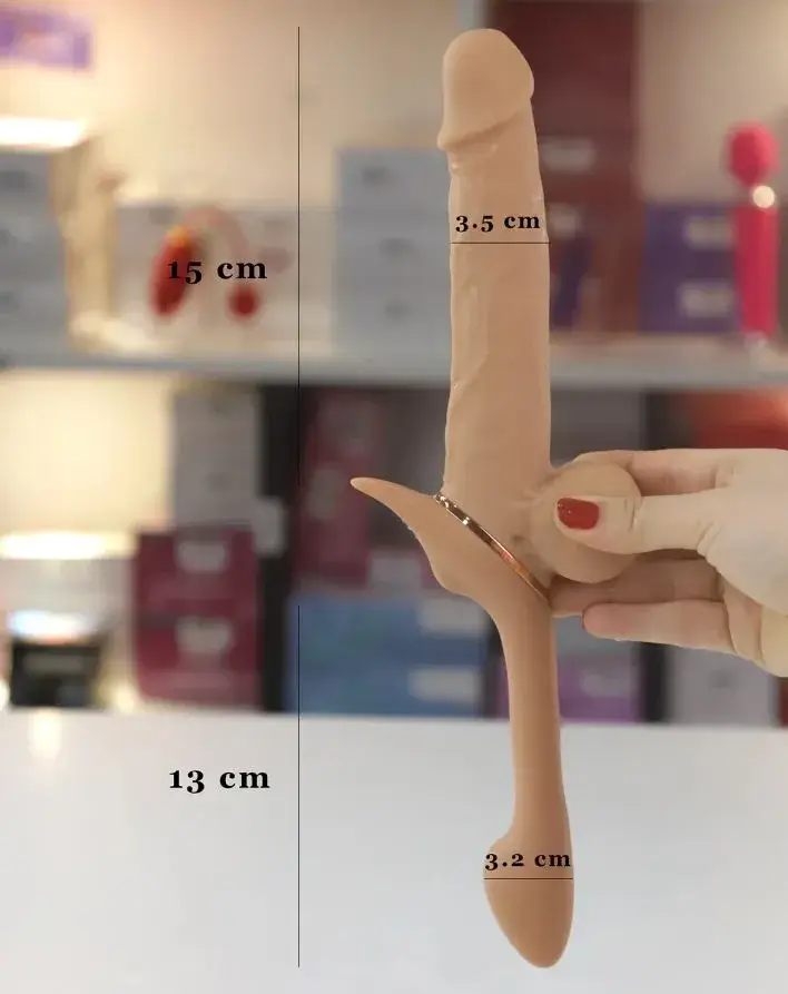 Cu giả hai đầu có rung thụt DC79K màu da, chất liệu silicone cao cấp, kích thước nhỏ, cho cả hai người les cùng sướng